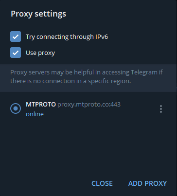 Telegram MTProto connection status
